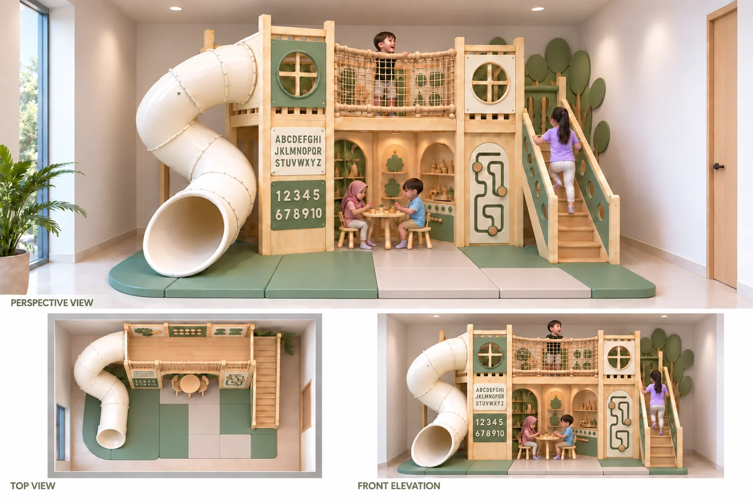 Konsep playground dua tingkat — visual AI / Two-storey playground concept — AI visual